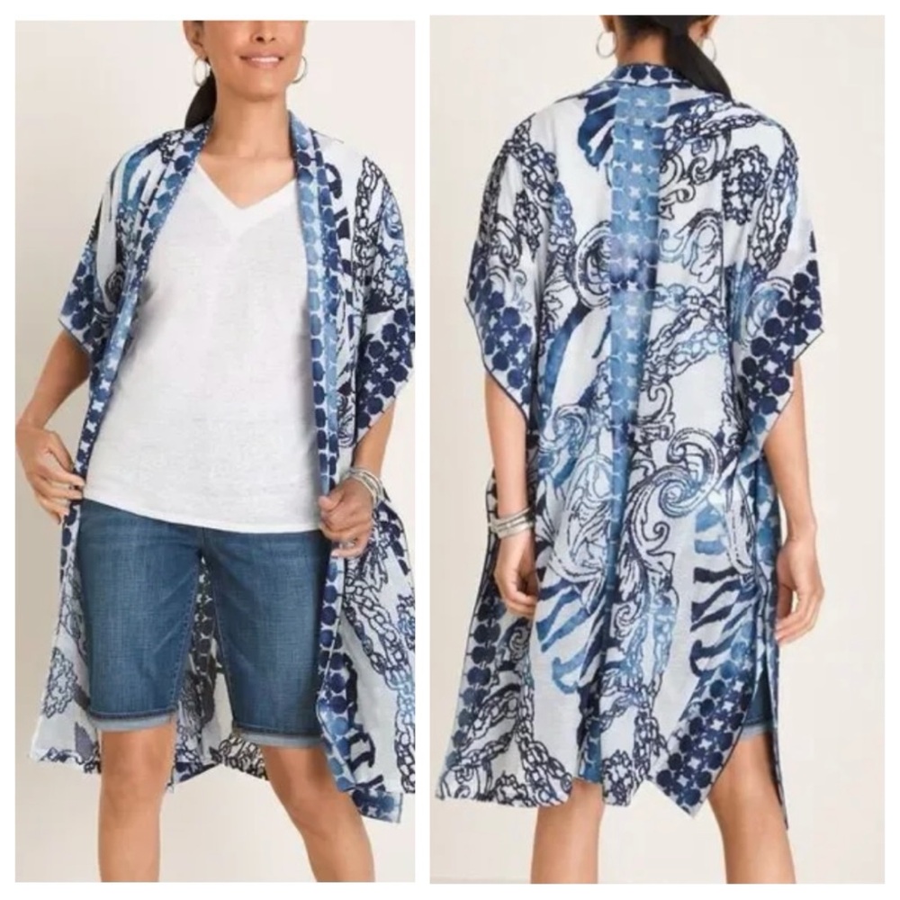 Chico’s Filigree Burnout Ruana Caftan Kimono Beach Cover-Up Resort Pool Sz L/XL